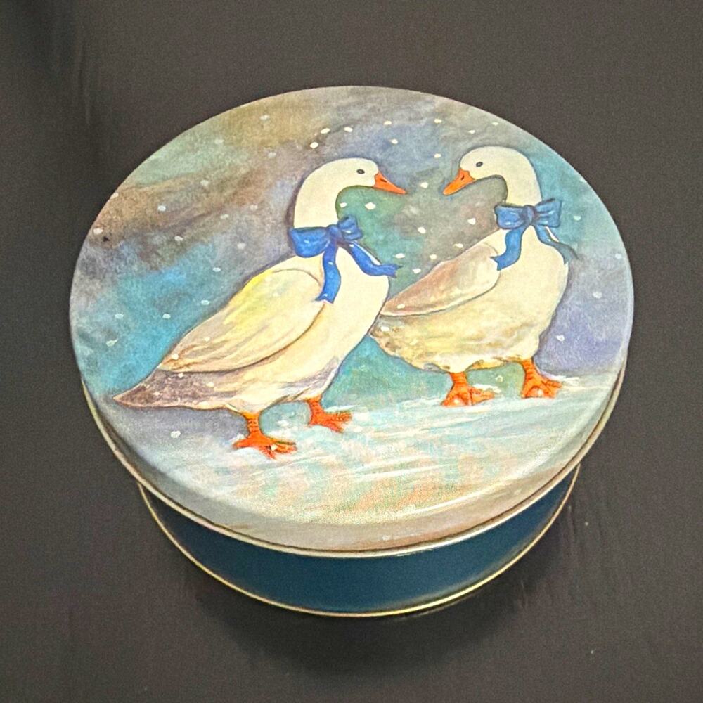 Duck Theme Vintage Round Cork-Back Coaster Set, 6pc, Metal Storage Tin